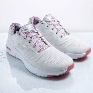 Skechers Arch Fit Women’s 8.5 White Mesh Floral Lace Comfort Shoes WMLT